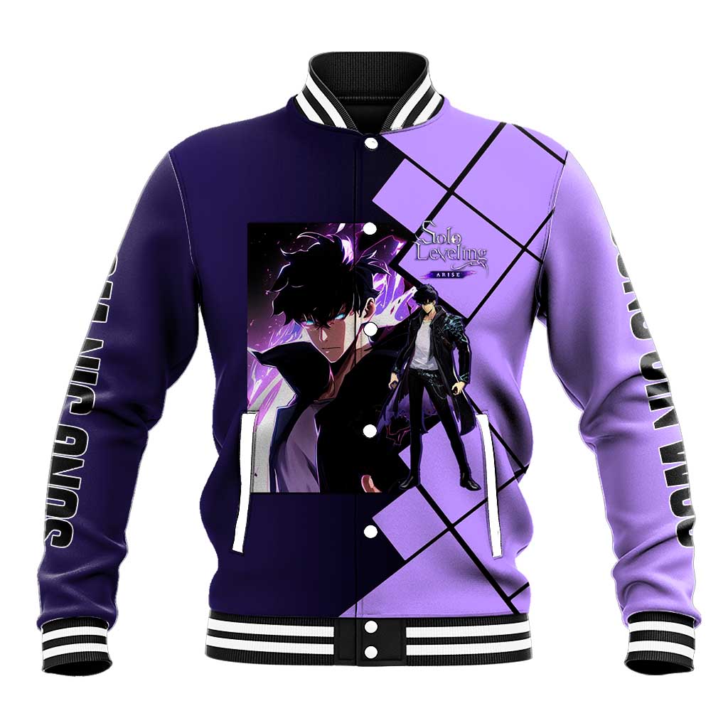 Sung Jinwoo Solo Leveling Baseball Jacket with Shadow Monarch Aura and Dark Battle Pose Design - The Mazicc