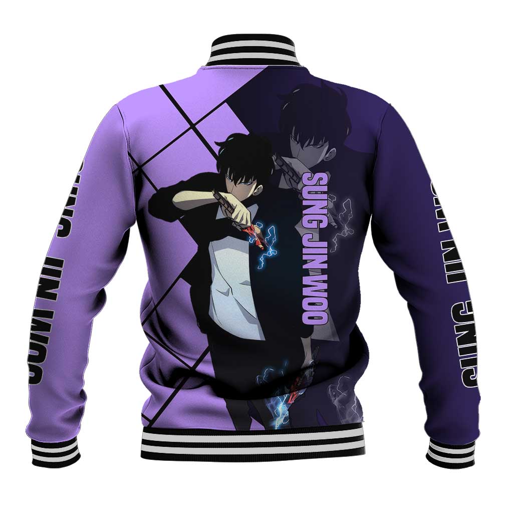 Sung Jinwoo Solo Leveling Baseball Jacket with Shadow Monarch Aura and Dark Battle Pose Design - The Mazicc