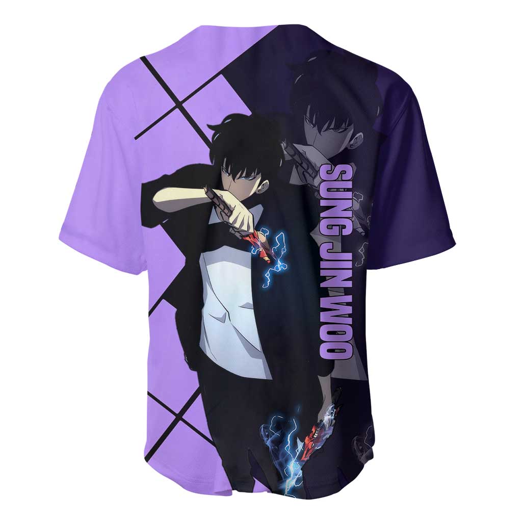 Sung Jinwoo Solo Leveling Baseball Jersey with Shadow Monarch Aura and Dark Battle Pose Design - The Mazicc