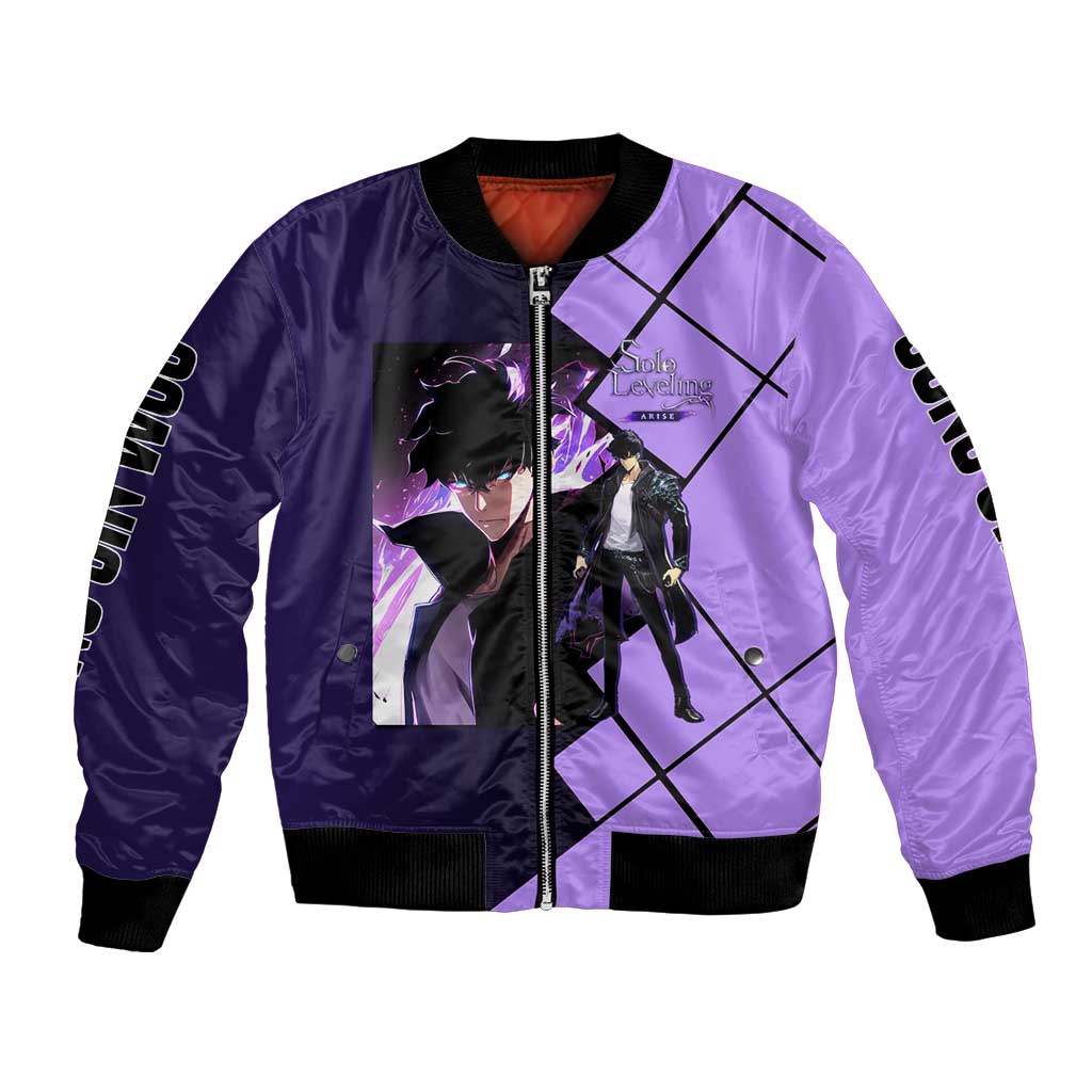 Sung Jinwoo Solo Leveling Bomber Jacket with Shadow Monarch Aura and Dark Battle Pose Design - The Mazicc