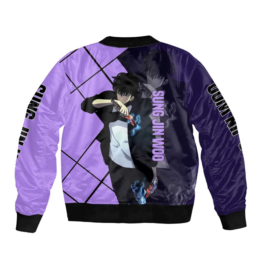 Sung Jinwoo Solo Leveling Bomber Jacket with Shadow Monarch Aura and Dark Battle Pose Design - The Mazicc