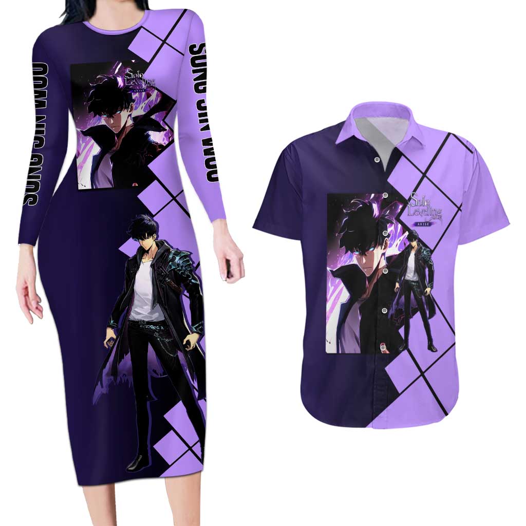 Sung Jinwoo Solo Leveling Couples Matching Long Sleeve Bodycon Dress and Hawaiian Shirt with Shadow Monarch Aura and Dark Battle Pose Design - The Mazicc