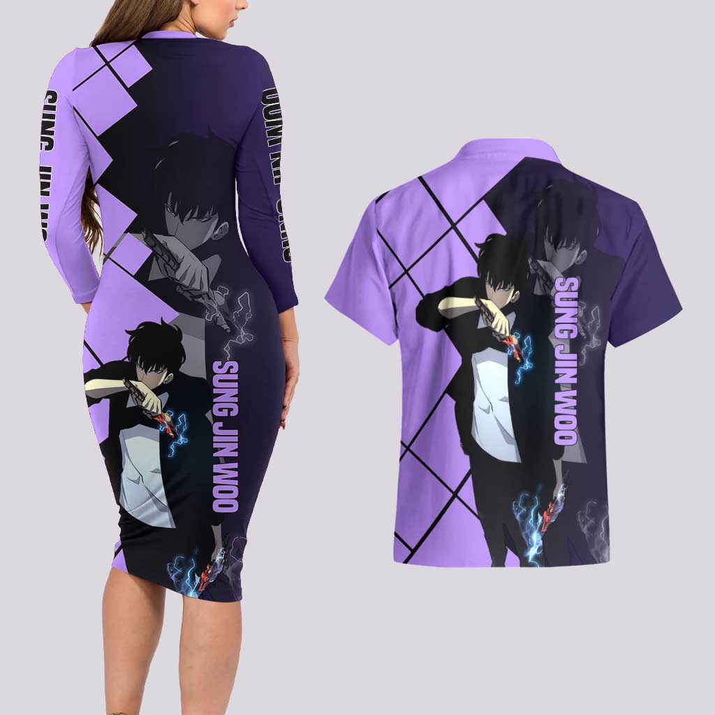 Sung Jinwoo Solo Leveling Couples Matching Long Sleeve Bodycon Dress and Hawaiian Shirt with Shadow Monarch Aura and Dark Battle Pose Design - The Mazicc