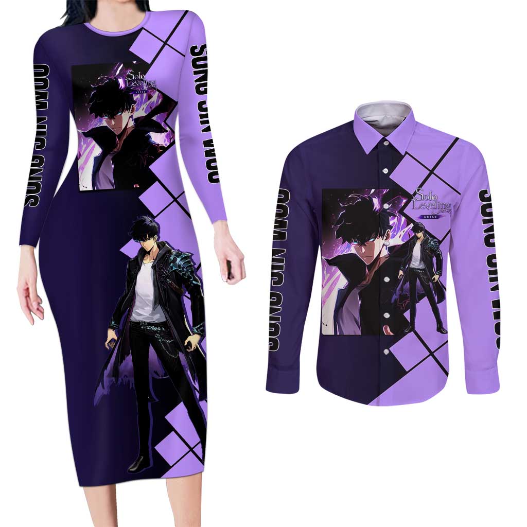 Sung Jinwoo Solo Leveling Couples Matching Long Sleeve Bodycon Dress and Long Sleeve Button Shirt with Shadow Monarch Aura and Dark Battle Pose Design - The Mazicc