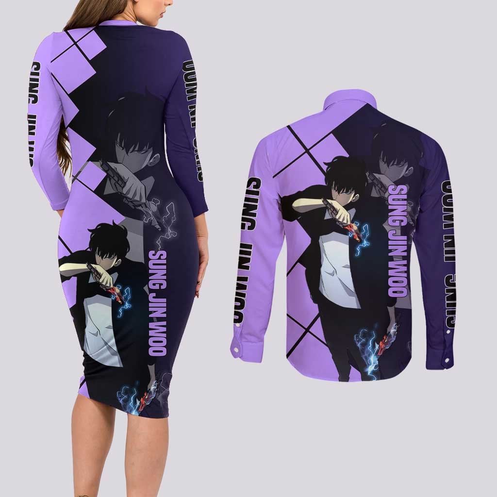 Sung Jinwoo Solo Leveling Couples Matching Long Sleeve Bodycon Dress and Long Sleeve Button Shirt with Shadow Monarch Aura and Dark Battle Pose Design - The Mazicc