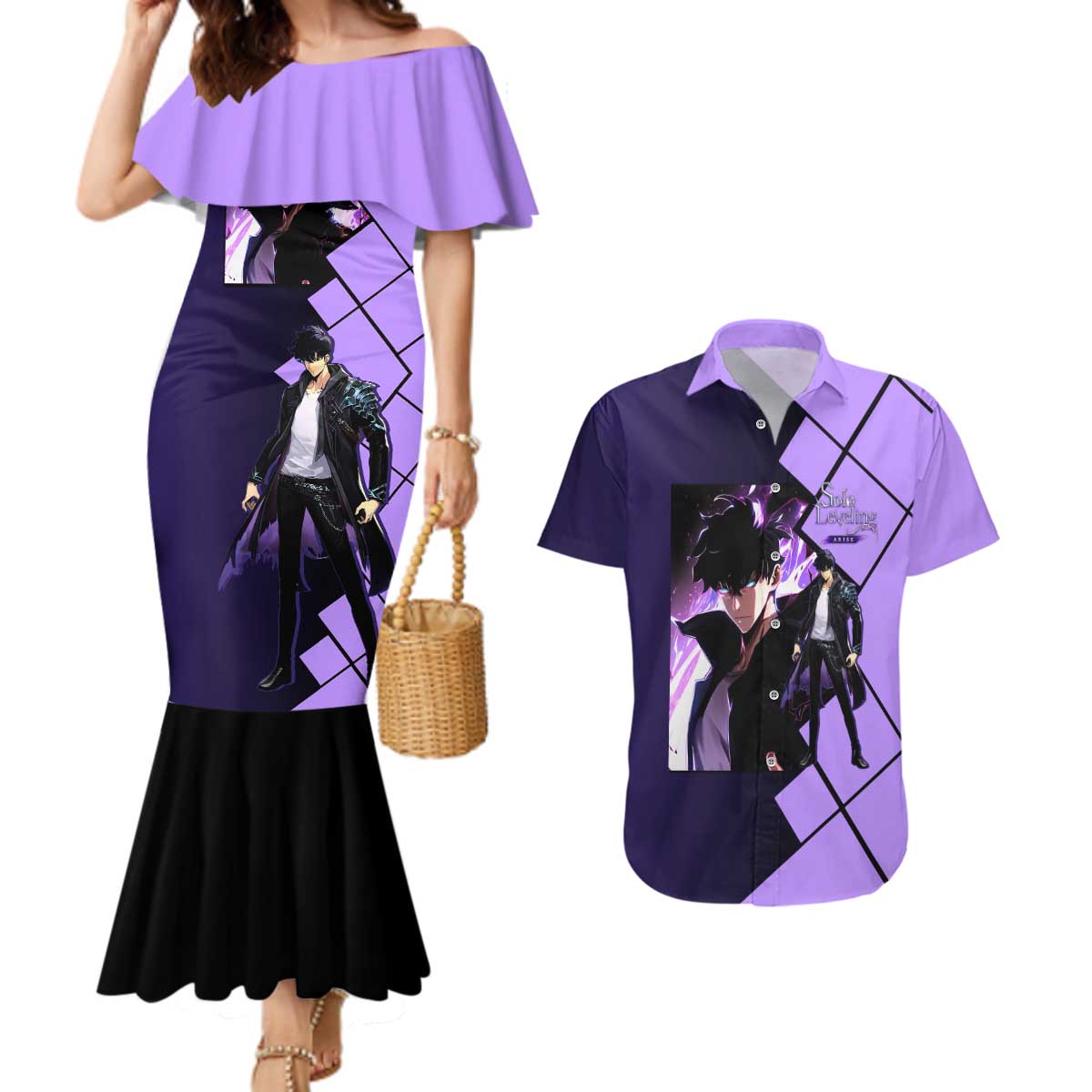 Sung Jinwoo Solo Leveling Couples Matching Mermaid Dress and Hawaiian Shirt with Shadow Monarch Aura and Dark Battle Pose Design - The Mazicc