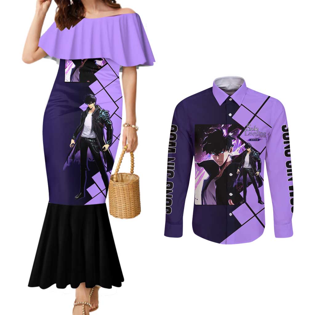 Sung Jinwoo Solo Leveling Couples Matching Mermaid Dress and Long Sleeve Button Shirt with Shadow Monarch Aura and Dark Battle Pose Design - The Mazicc