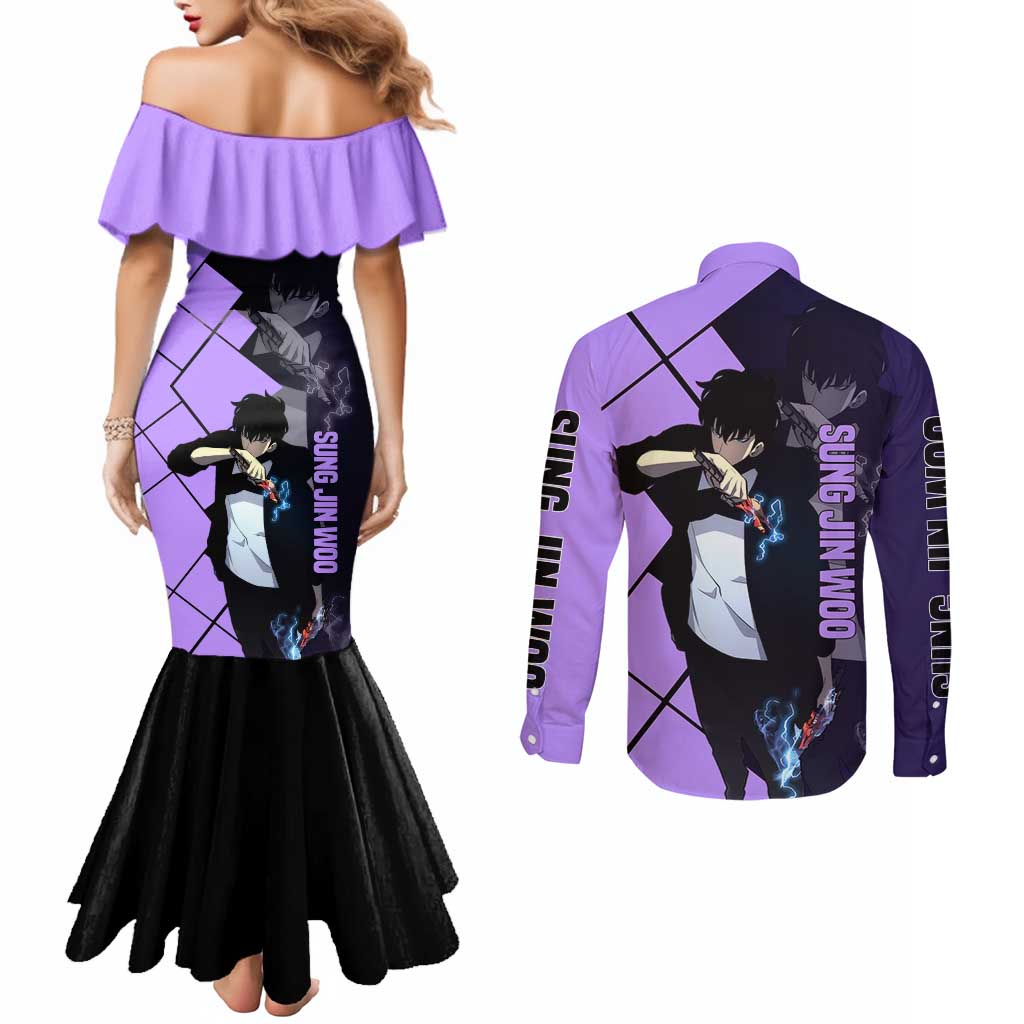 Sung Jinwoo Solo Leveling Couples Matching Mermaid Dress and Long Sleeve Button Shirt with Shadow Monarch Aura and Dark Battle Pose Design - The Mazicc