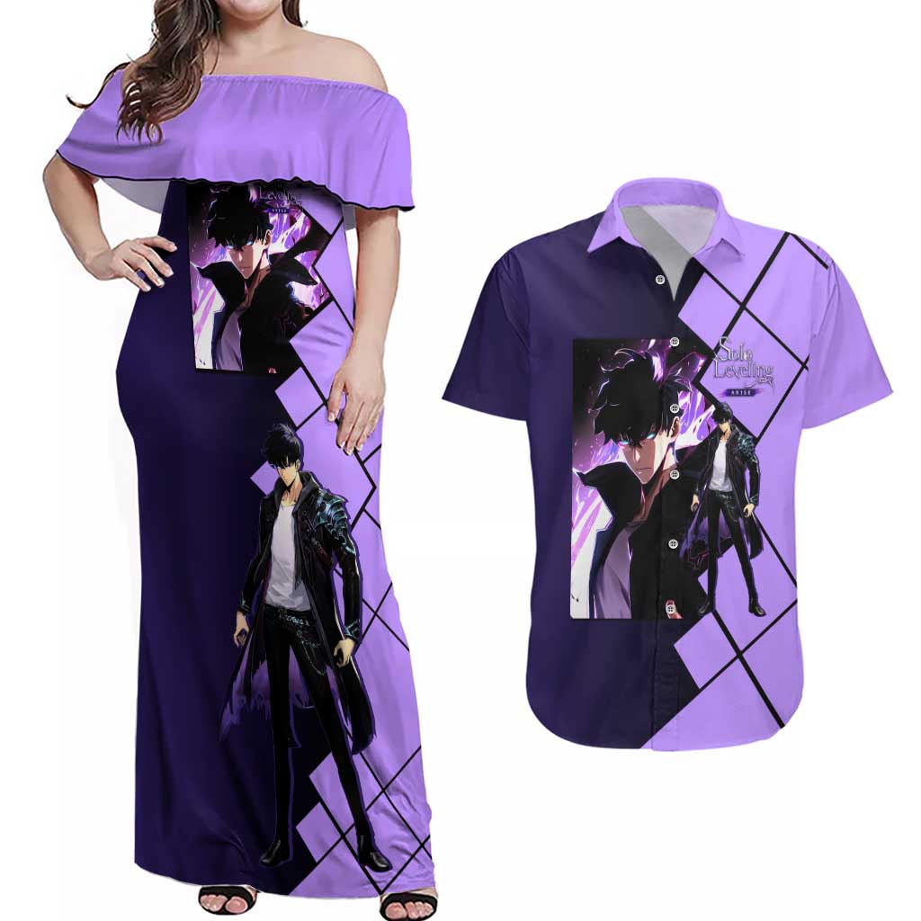 Sung Jinwoo Solo Leveling Couples Matching Off Shoulder Maxi Dress and Hawaiian Shirt with Shadow Monarch Aura and Dark Battle Pose Design - The Mazicc