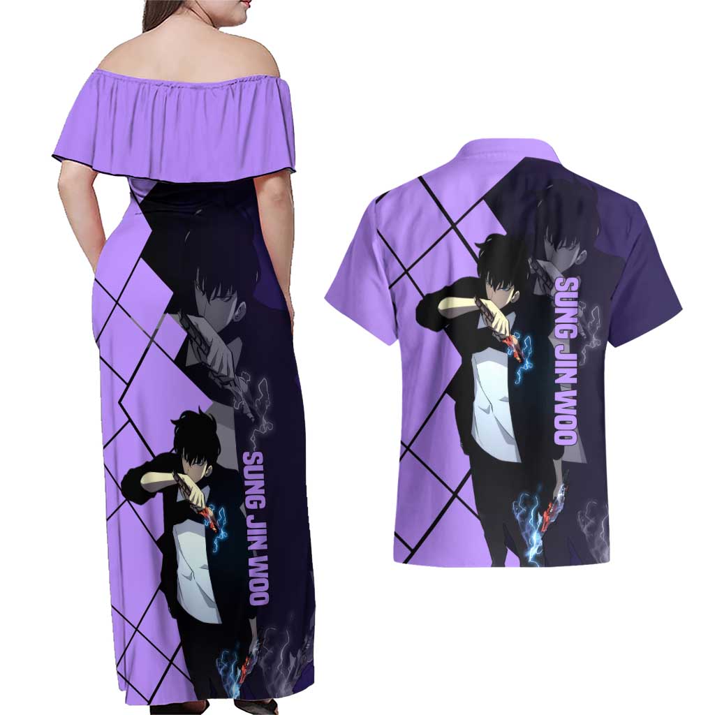 Sung Jinwoo Solo Leveling Couples Matching Off Shoulder Maxi Dress and Hawaiian Shirt with Shadow Monarch Aura and Dark Battle Pose Design - The Mazicc
