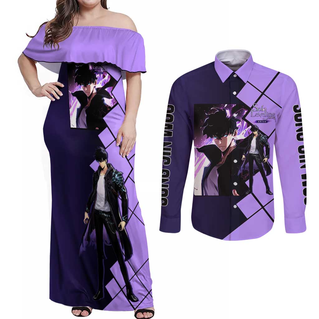 Sung Jinwoo Solo Leveling Couples Matching Off Shoulder Maxi Dress and Long Sleeve Button Shirt with Shadow Monarch Aura and Dark Battle Pose Design - The Mazicc