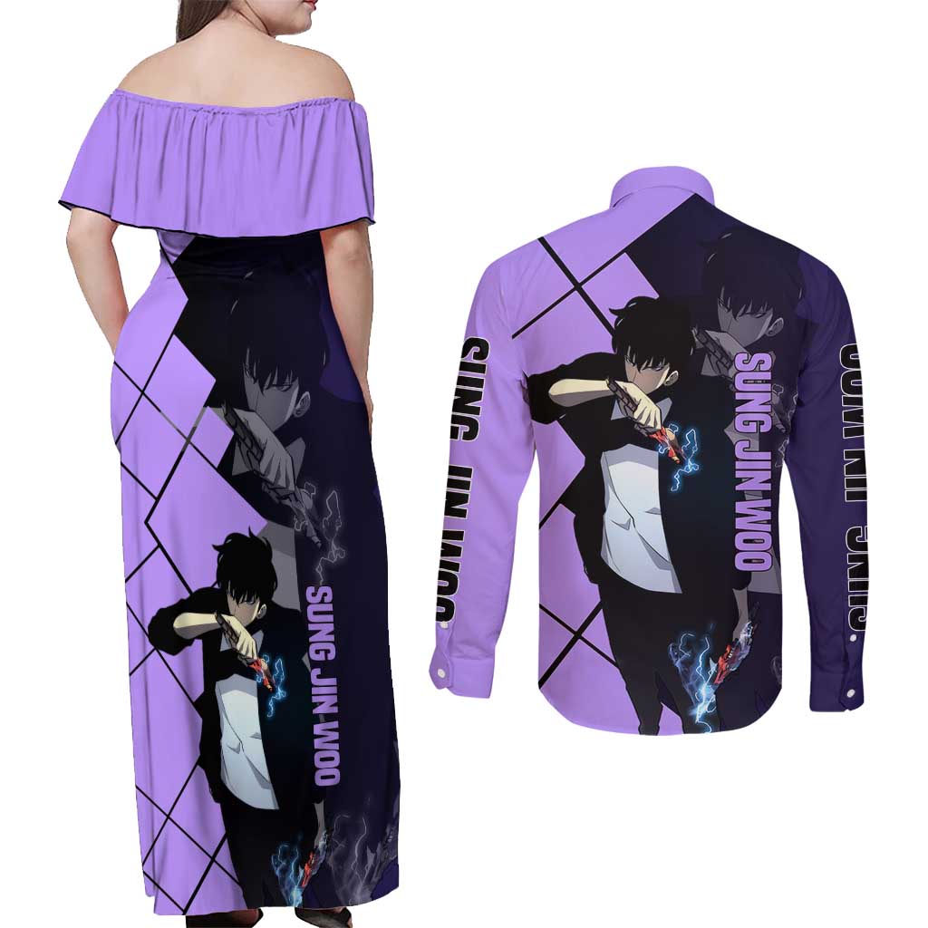 Sung Jinwoo Solo Leveling Couples Matching Off Shoulder Maxi Dress and Long Sleeve Button Shirt with Shadow Monarch Aura and Dark Battle Pose Design - The Mazicc