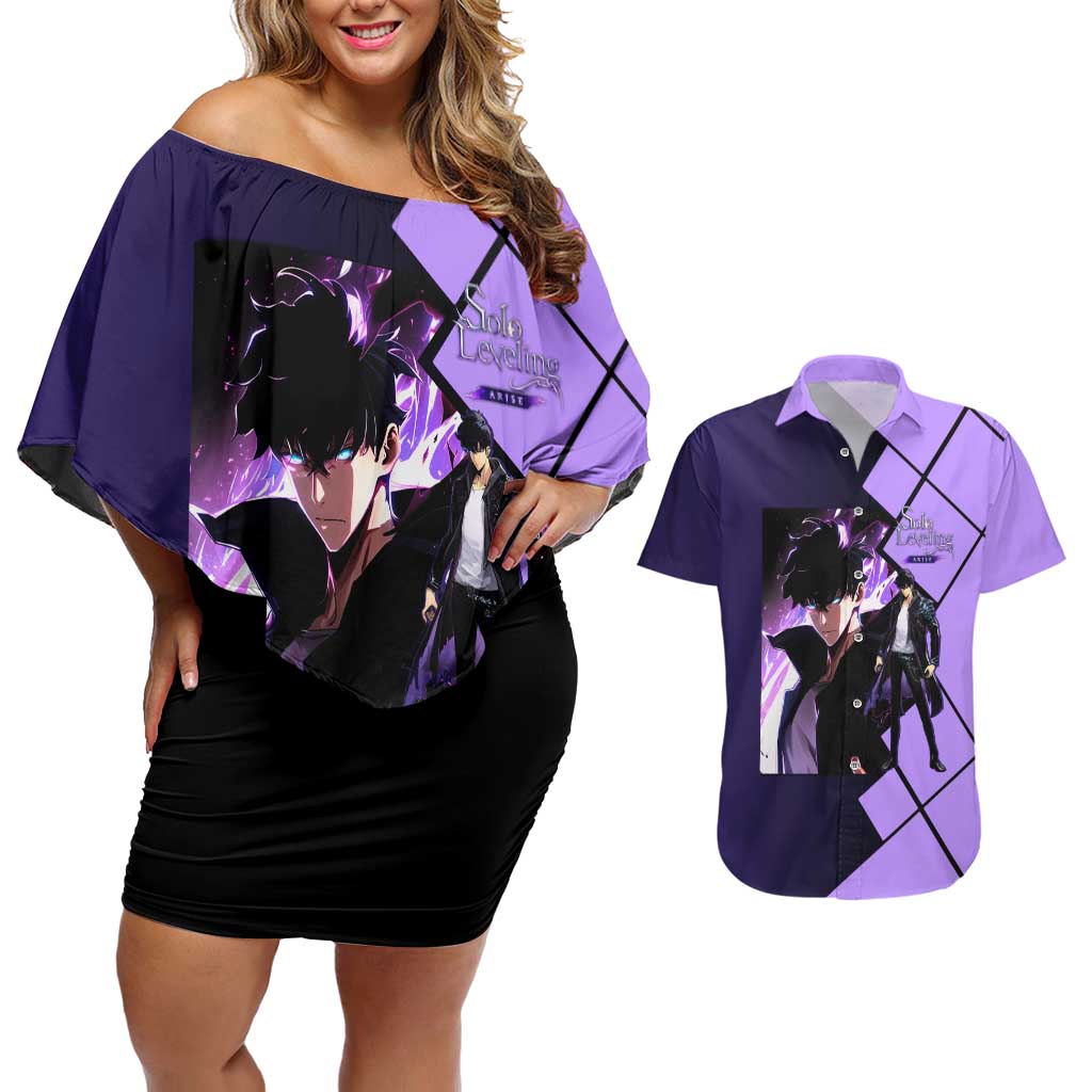 Sung Jinwoo Solo Leveling Couples Matching Off Shoulder Short Dress and Hawaiian Shirt with Shadow Monarch Aura and Dark Battle Pose Design - The Mazicc