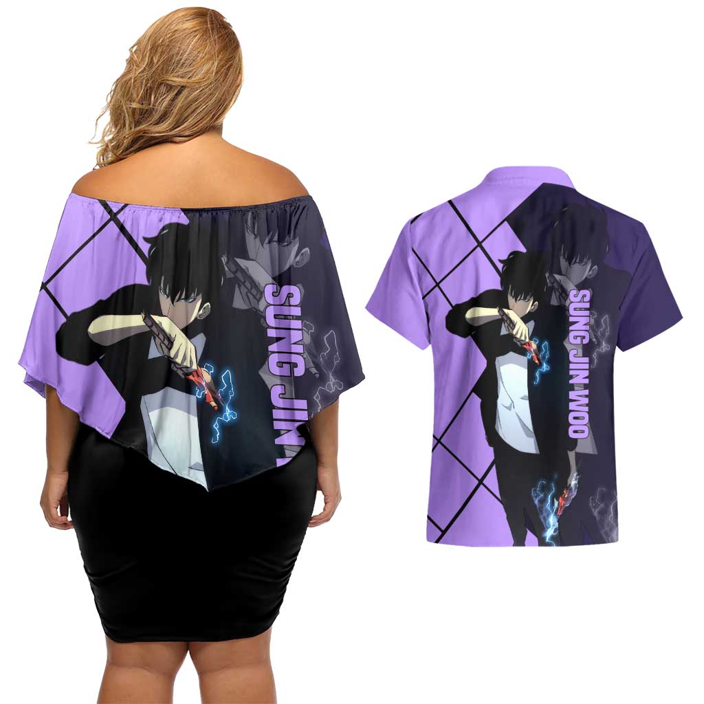 Sung Jinwoo Solo Leveling Couples Matching Off Shoulder Short Dress and Hawaiian Shirt with Shadow Monarch Aura and Dark Battle Pose Design - The Mazicc