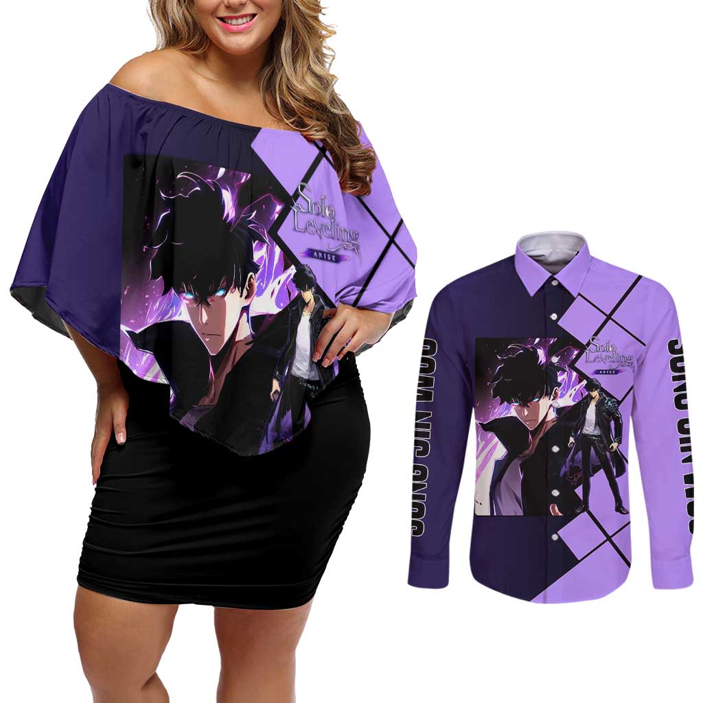 Sung Jinwoo Solo Leveling Couples Matching Off Shoulder Short Dress and Long Sleeve Button Shirt with Shadow Monarch Aura and Dark Battle Pose Design - The Mazicc
