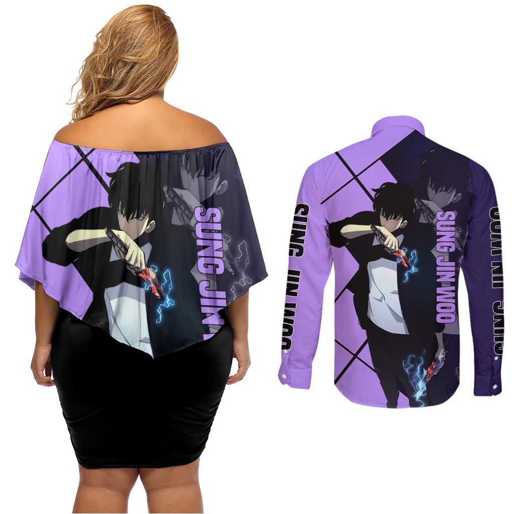 Sung Jinwoo Solo Leveling Couples Matching Off Shoulder Short Dress and Long Sleeve Button Shirt with Shadow Monarch Aura and Dark Battle Pose Design - The Mazicc