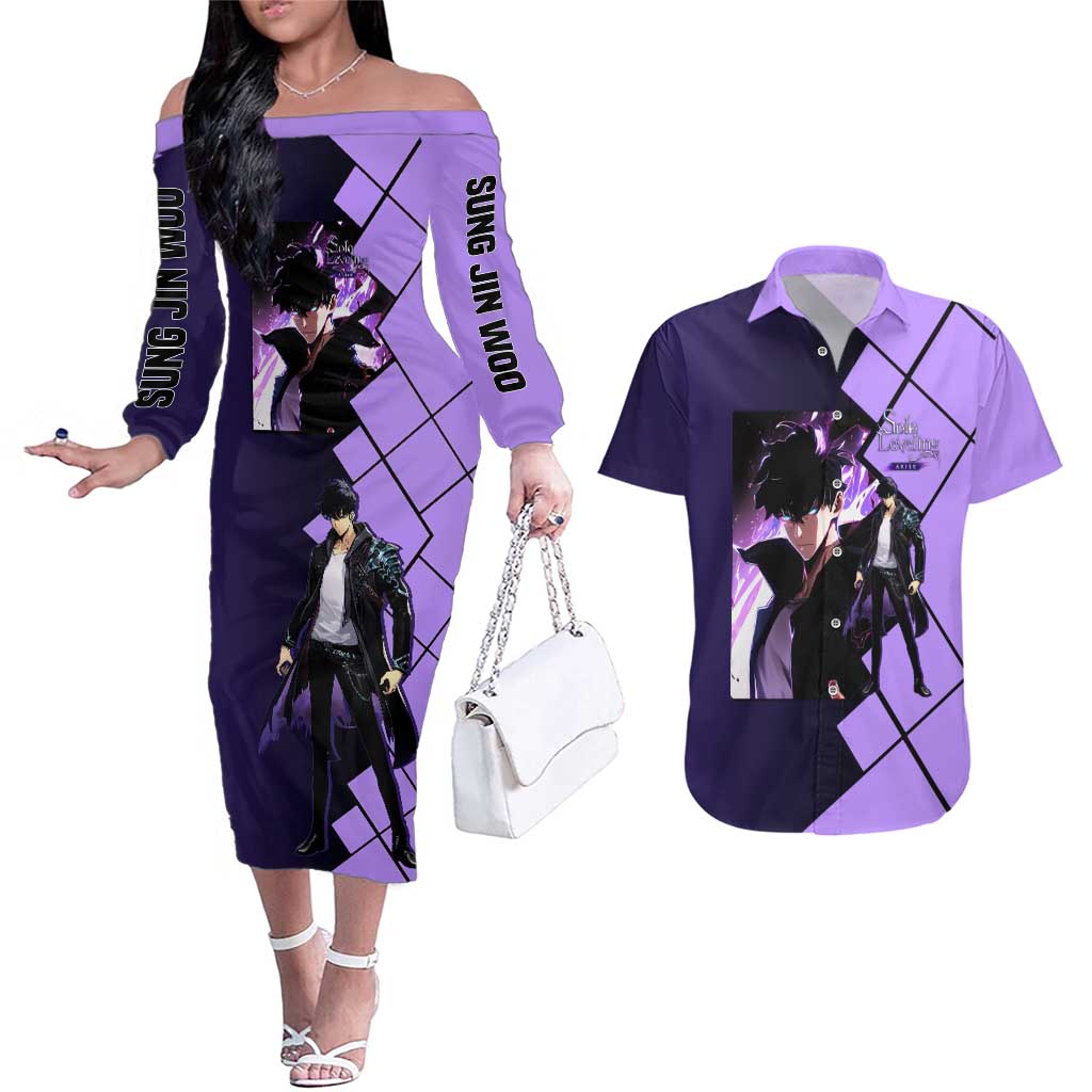 Sung Jinwoo Solo Leveling Couples Matching Off The Shoulder Long Sleeve Dress and Hawaiian Shirt with Shadow Monarch Aura and Dark Battle Pose Design - The Mazicc