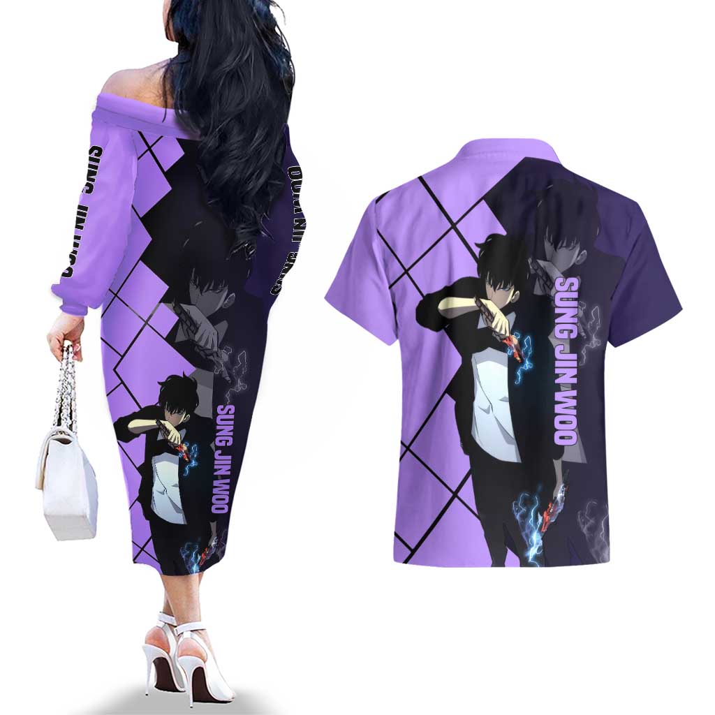 Sung Jinwoo Solo Leveling Couples Matching Off The Shoulder Long Sleeve Dress and Hawaiian Shirt with Shadow Monarch Aura and Dark Battle Pose Design - The Mazicc