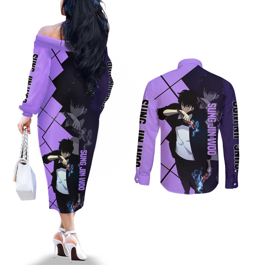 Sung Jinwoo Solo Leveling Couples Matching Off The Shoulder Long Sleeve Dress and Long Sleeve Button Shirt with Shadow Monarch Aura and Dark Battle Pose Design - The Mazicc