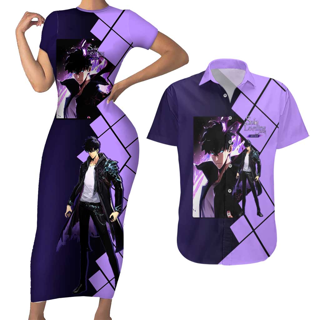 Sung Jinwoo Solo Leveling Couples Matching Short Sleeve Bodycon Dress and Hawaiian Shirt with Shadow Monarch Aura and Dark Battle Pose Design - The Mazicc