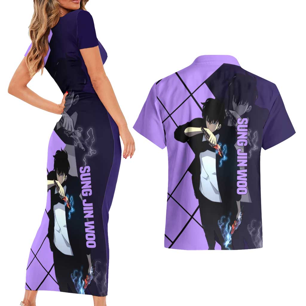Sung Jinwoo Solo Leveling Couples Matching Short Sleeve Bodycon Dress and Hawaiian Shirt with Shadow Monarch Aura and Dark Battle Pose Design - The Mazicc