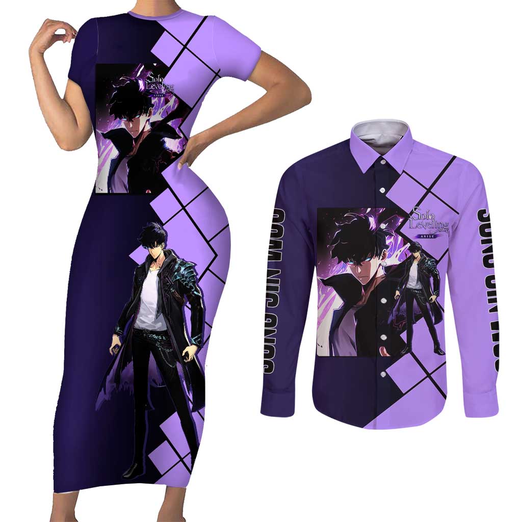Sung Jinwoo Solo Leveling Couples Matching Short Sleeve Bodycon Dress and Long Sleeve Button Shirt with Shadow Monarch Aura and Dark Battle Pose Design - The Mazicc