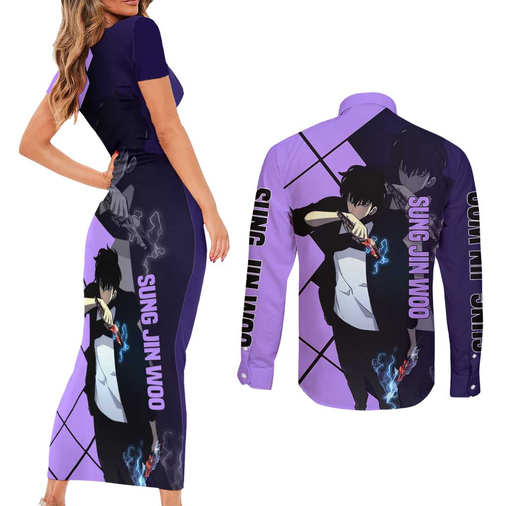 Sung Jinwoo Solo Leveling Couples Matching Short Sleeve Bodycon Dress and Long Sleeve Button Shirt with Shadow Monarch Aura and Dark Battle Pose Design - The Mazicc