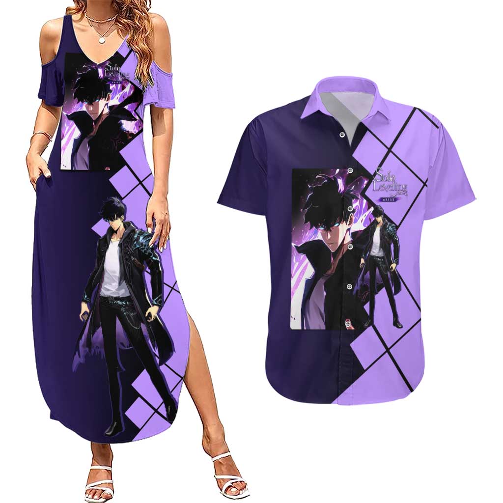 Sung Jinwoo Solo Leveling Couples Matching Summer Maxi Dress and Hawaiian Shirt with Shadow Monarch Aura and Dark Battle Pose Design - The Mazicc