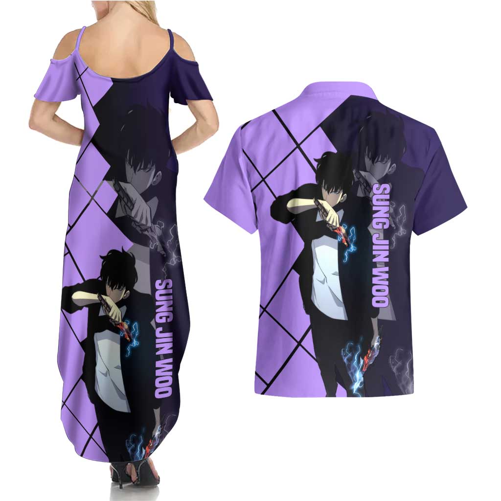 Sung Jinwoo Solo Leveling Couples Matching Summer Maxi Dress and Hawaiian Shirt with Shadow Monarch Aura and Dark Battle Pose Design - The Mazicc