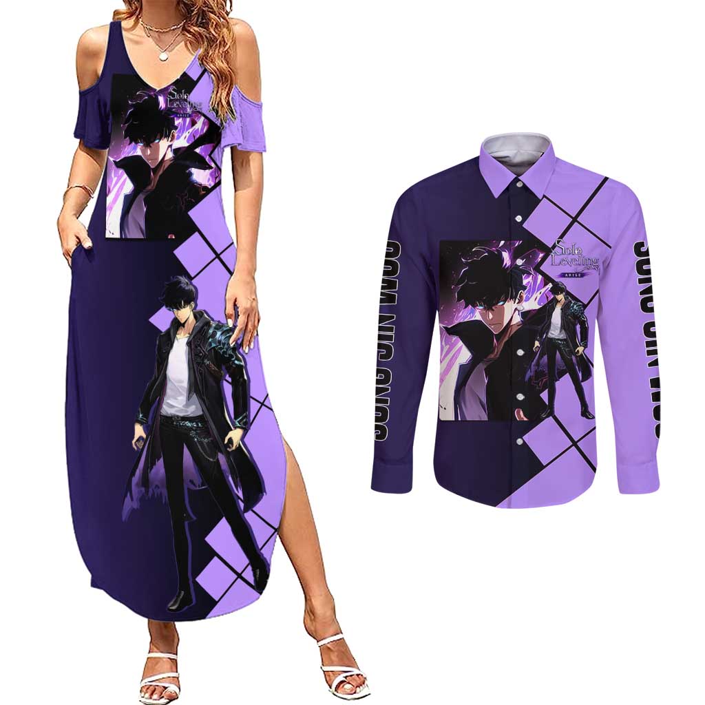 Sung Jinwoo Solo Leveling Couples Matching Summer Maxi Dress and Long Sleeve Button Shirt with Shadow Monarch Aura and Dark Battle Pose Design - The Mazicc