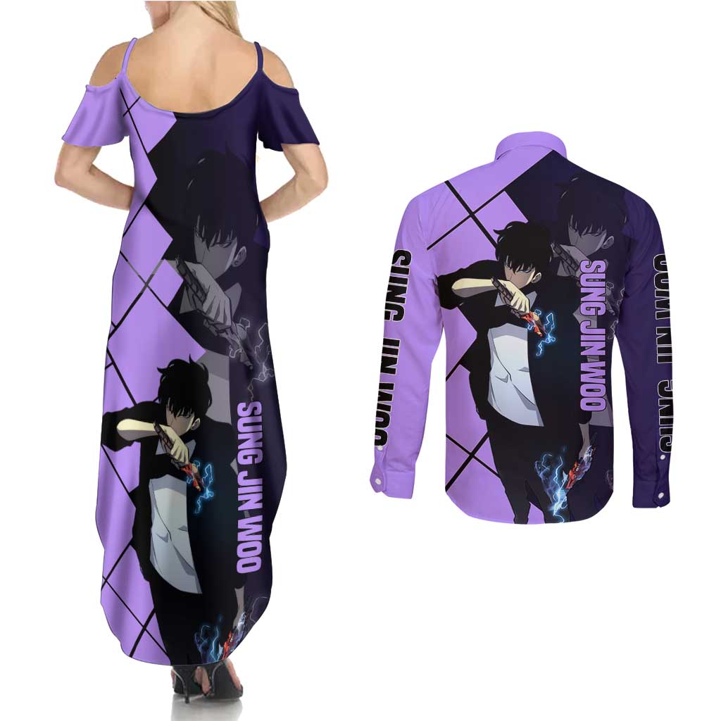 Sung Jinwoo Solo Leveling Couples Matching Summer Maxi Dress and Long Sleeve Button Shirt with Shadow Monarch Aura and Dark Battle Pose Design - The Mazicc