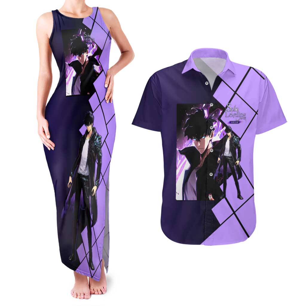 Sung Jinwoo Solo Leveling Couples Matching Tank Maxi Dress and Hawaiian Shirt with Shadow Monarch Aura and Dark Battle Pose Design - The Mazicc