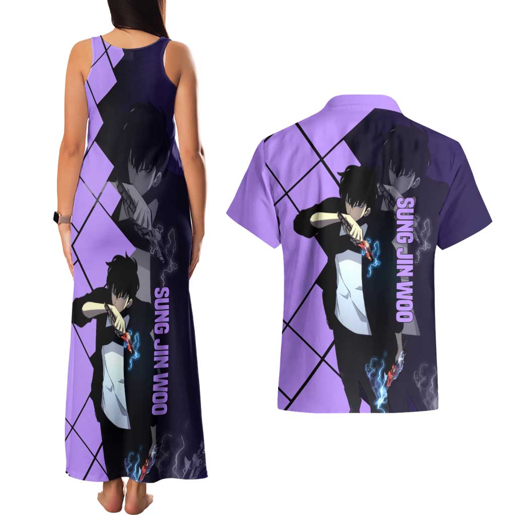 Sung Jinwoo Solo Leveling Couples Matching Tank Maxi Dress and Hawaiian Shirt with Shadow Monarch Aura and Dark Battle Pose Design - The Mazicc