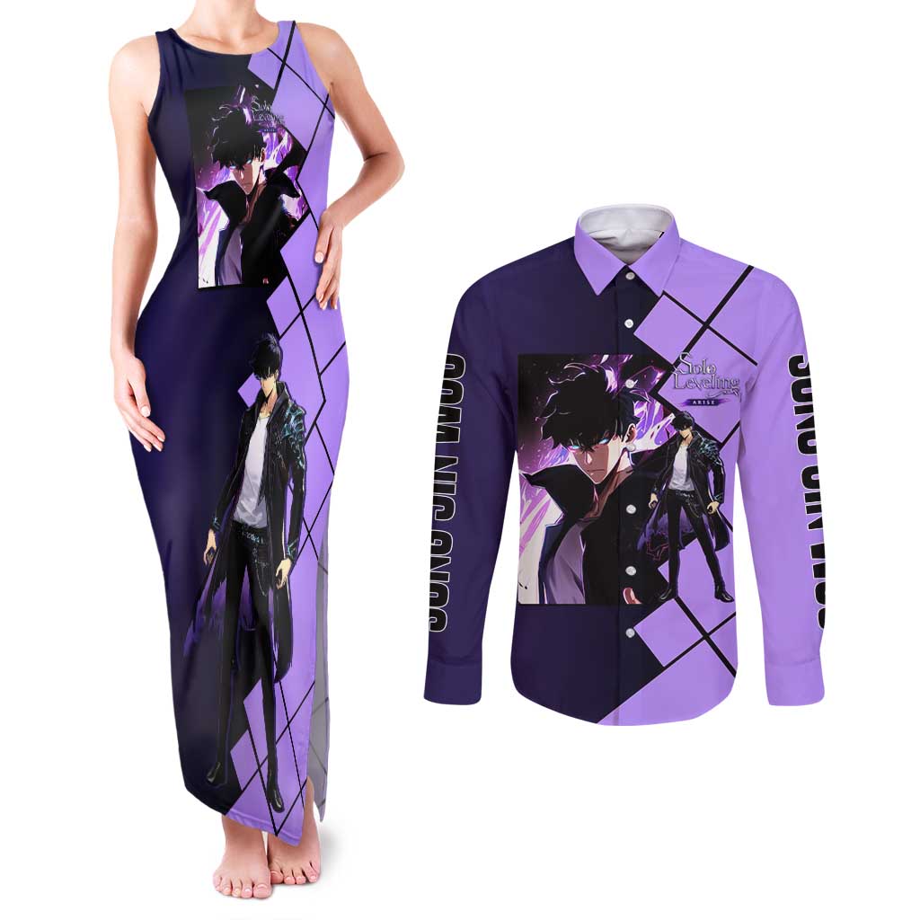 Sung Jinwoo Solo Leveling Couples Matching Tank Maxi Dress and Long Sleeve Button Shirt with Shadow Monarch Aura and Dark Battle Pose Design - The Mazicc