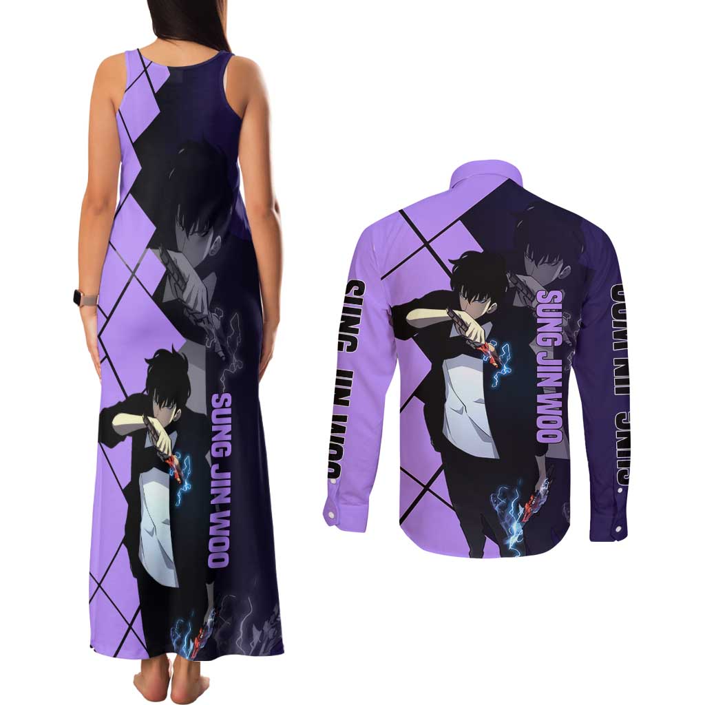 Sung Jinwoo Solo Leveling Couples Matching Tank Maxi Dress and Long Sleeve Button Shirt with Shadow Monarch Aura and Dark Battle Pose Design - The Mazicc