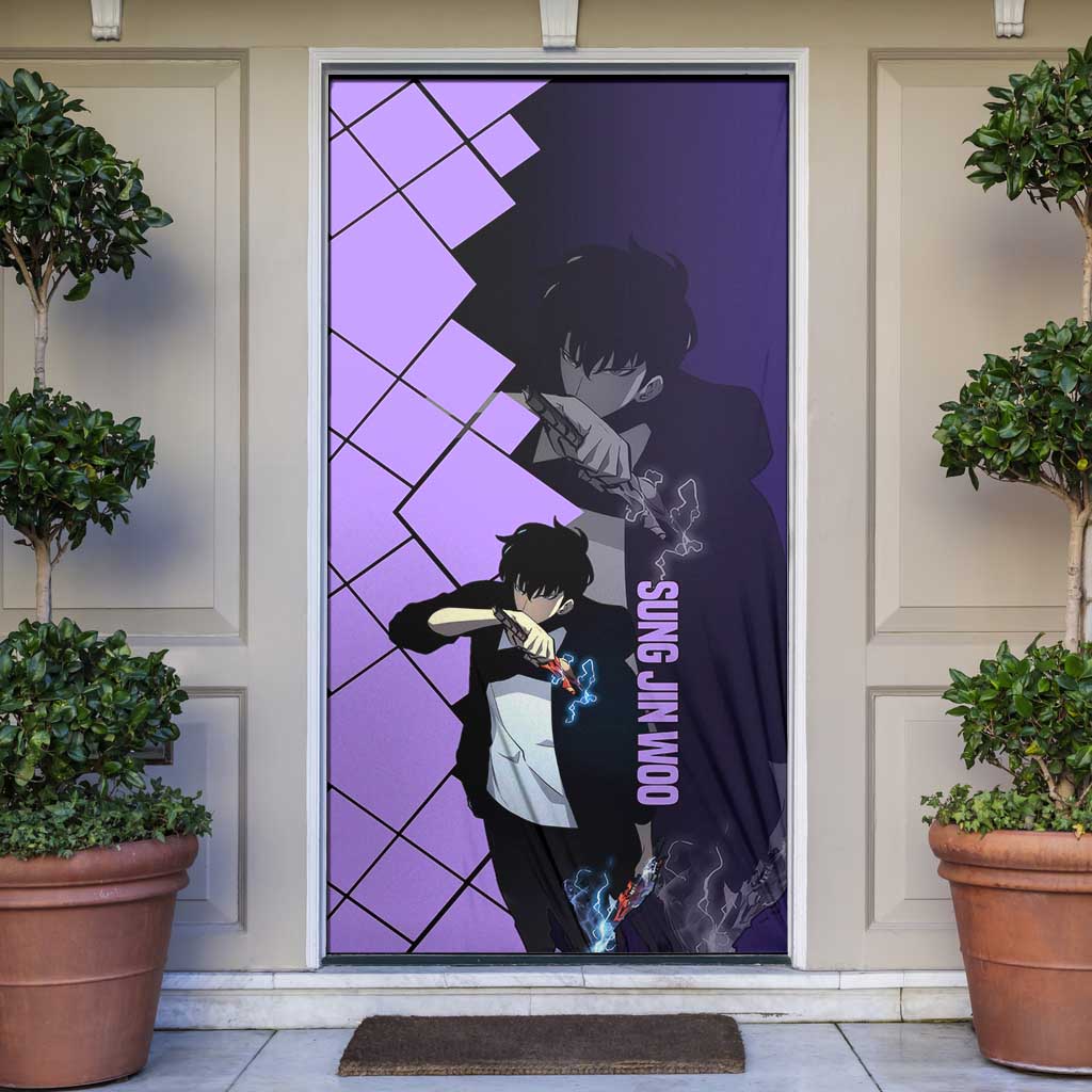 Sung Jinwoo Solo Leveling Door Cover with Shadow Monarch Aura and Dark Battle Pose Design - The Mazicc
