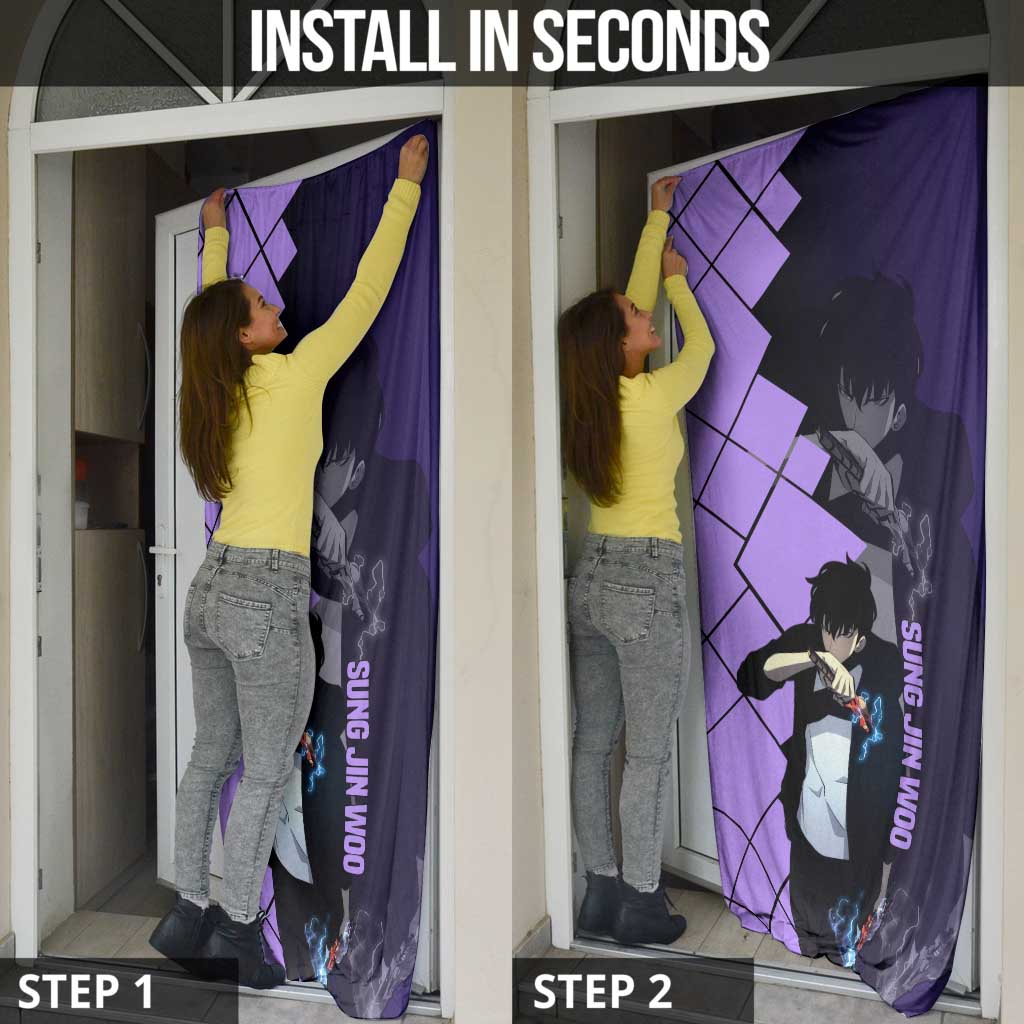 Sung Jinwoo Solo Leveling Door Cover with Shadow Monarch Aura and Dark Battle Pose Design - The Mazicc