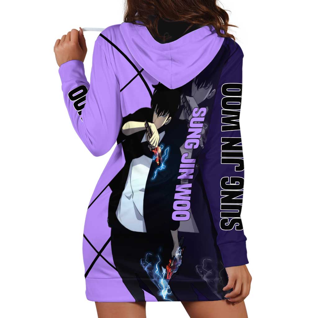 Sung Jinwoo Solo Leveling Hoodie Dress with Shadow Monarch Aura and Dark Battle Pose Design - The Mazicc