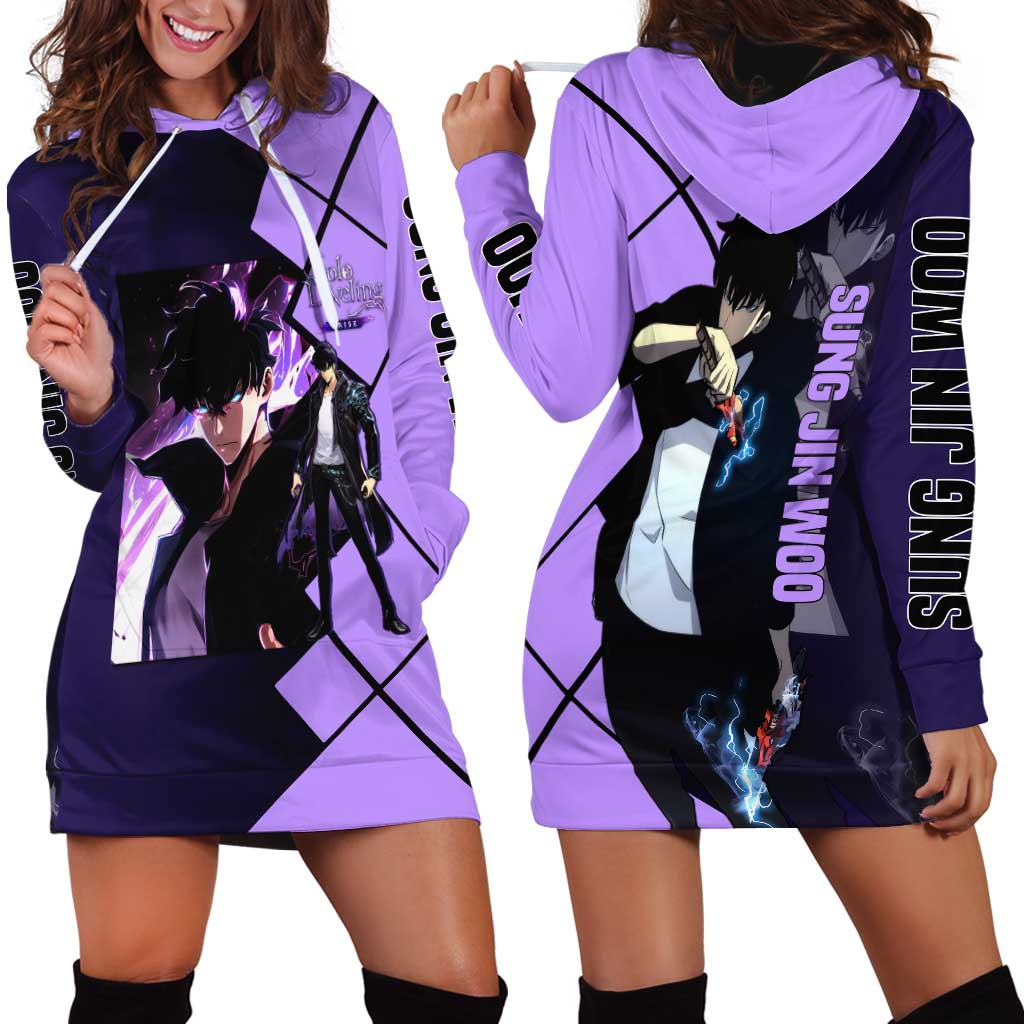 Sung Jinwoo Solo Leveling Hoodie Dress with Shadow Monarch Aura and Dark Battle Pose Design - The Mazicc