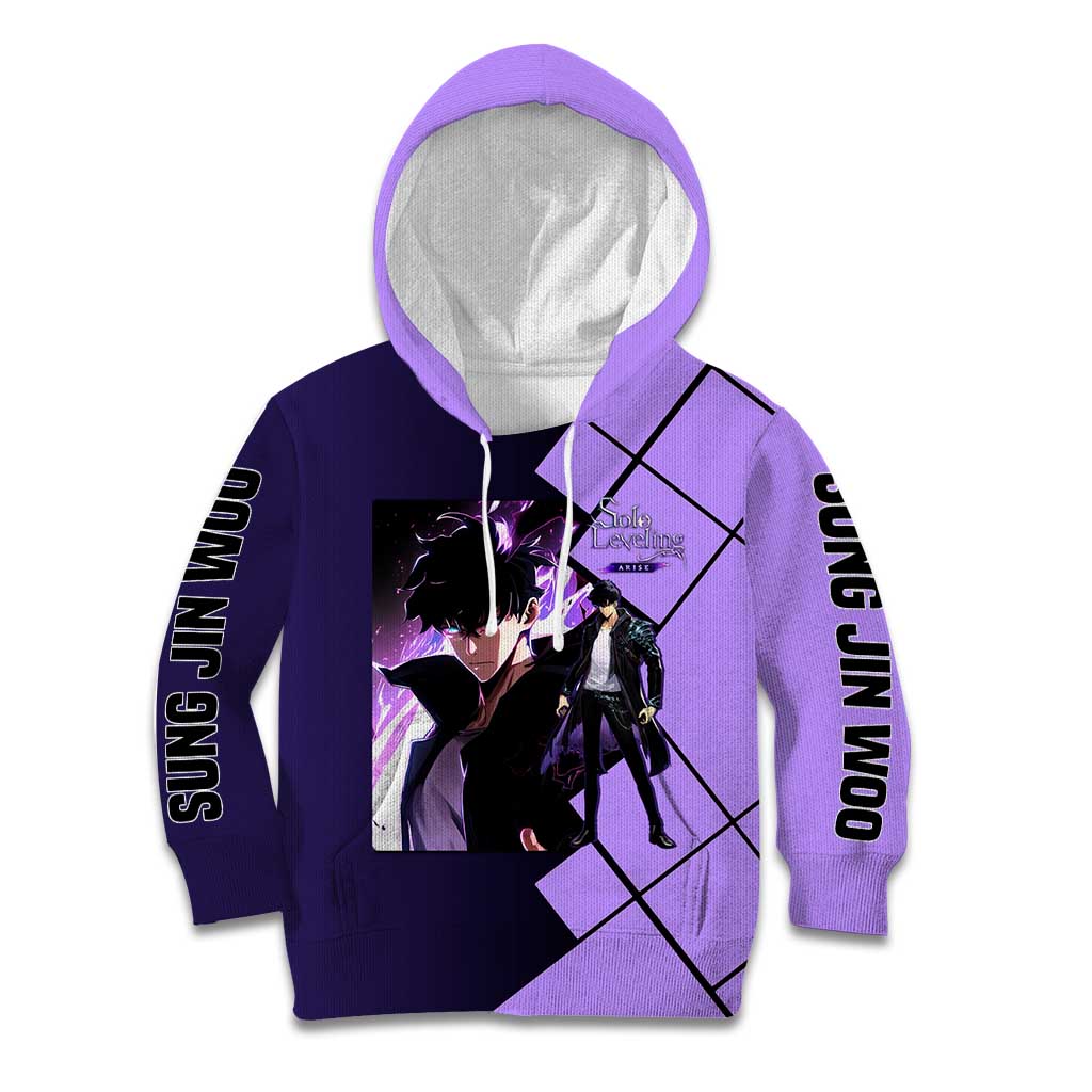 Sung Jinwoo Solo Leveling Kid Hoodie with Shadow Monarch Aura and Dark Battle Pose Design - The Mazicc