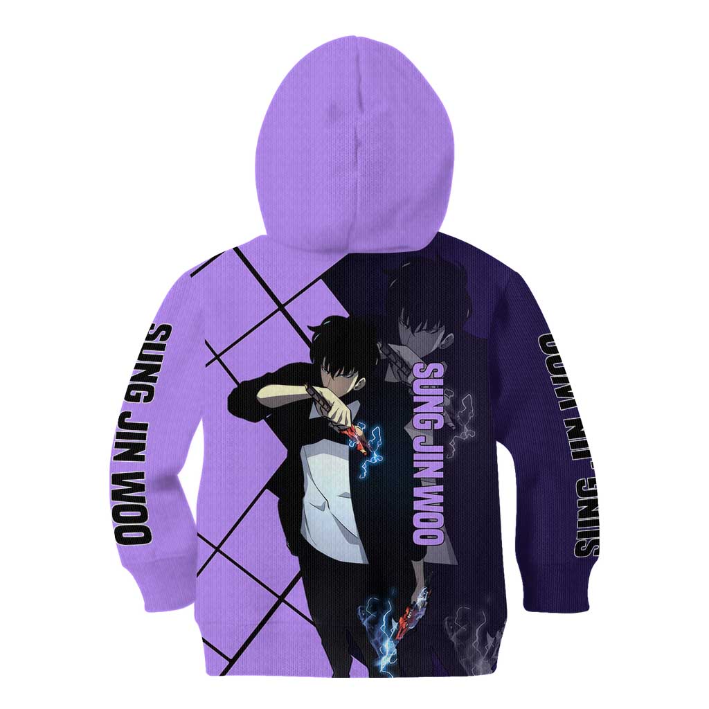 Sung Jinwoo Solo Leveling Kid Hoodie with Shadow Monarch Aura and Dark Battle Pose Design - The Mazicc