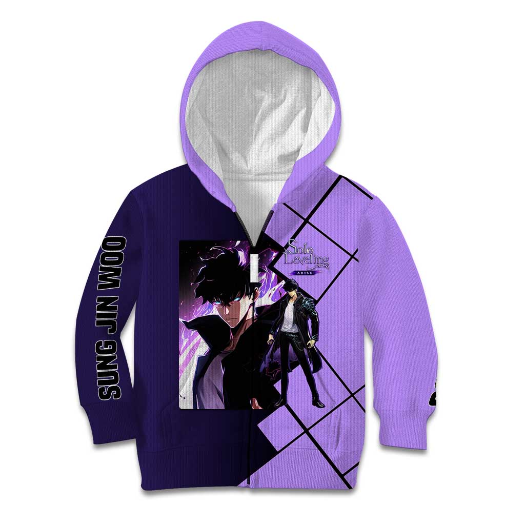 Sung Jinwoo Solo Leveling Kid Hoodie with Shadow Monarch Aura and Dark Battle Pose Design - The Mazicc