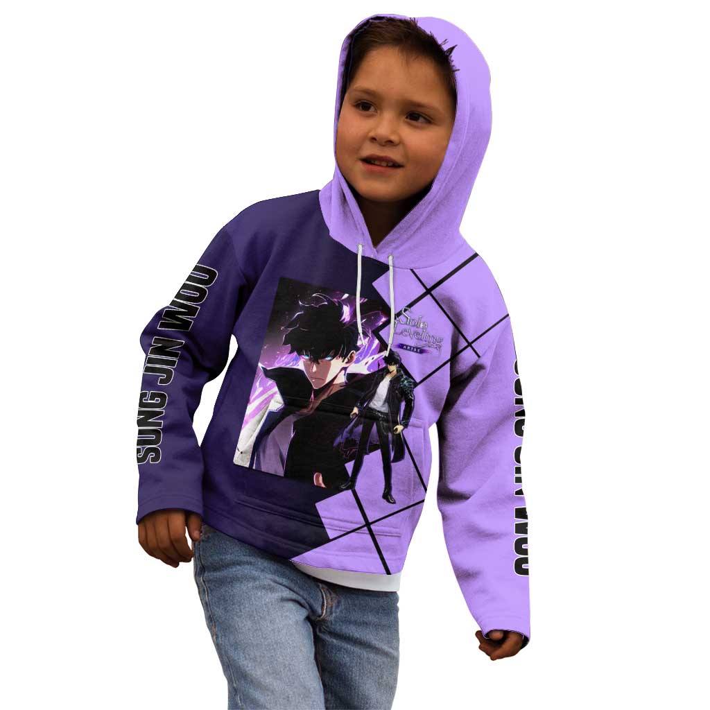 Sung Jinwoo Solo Leveling Kid Hoodie with Shadow Monarch Aura and Dark Battle Pose Design - The Mazicc