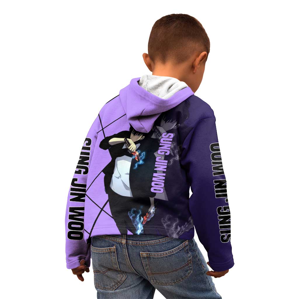Sung Jinwoo Solo Leveling Kid Hoodie with Shadow Monarch Aura and Dark Battle Pose Design - The Mazicc