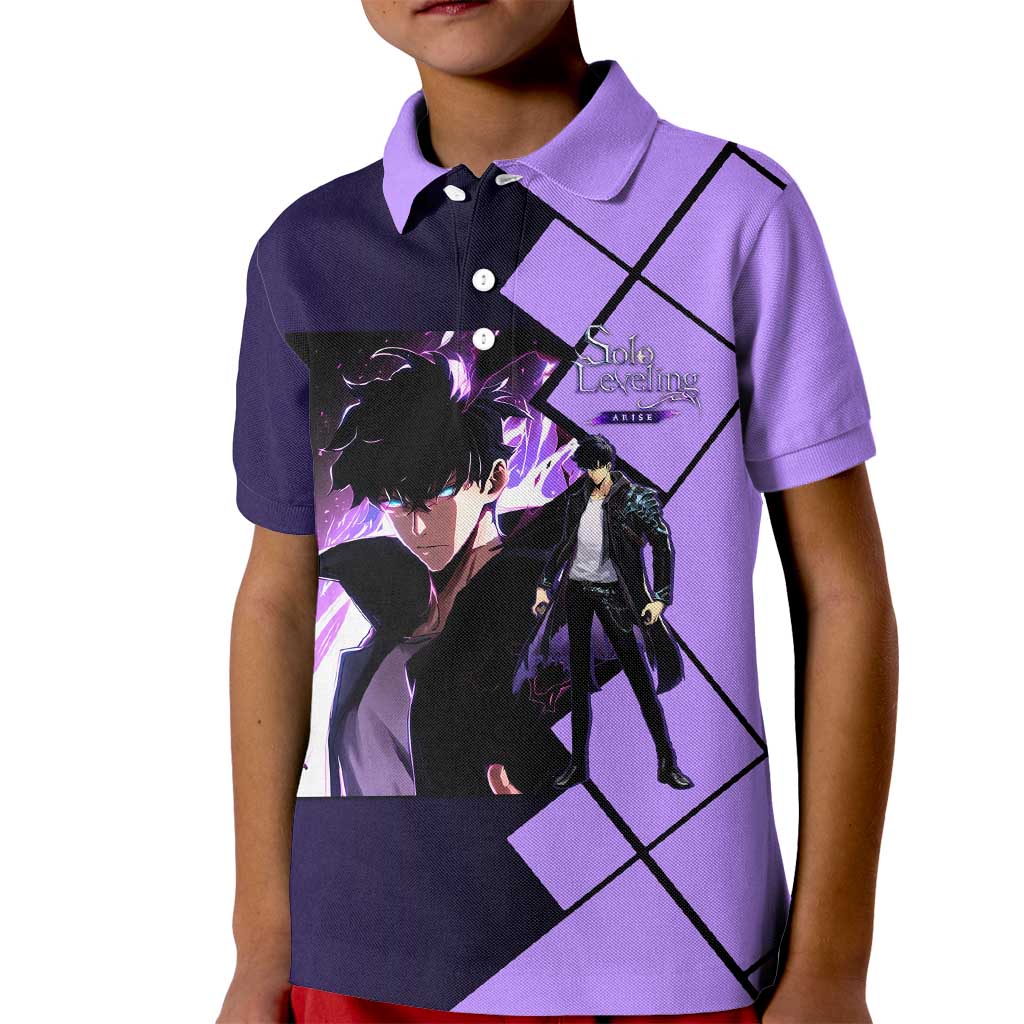 Sung Jinwoo Solo Leveling Kid Polo Shirt with Shadow Monarch Aura and Dark Battle Pose Design - The Mazicc