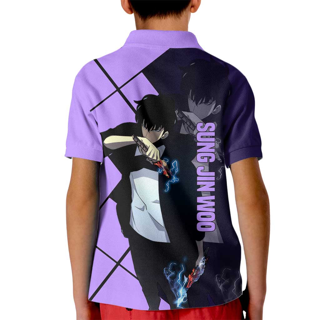 Sung Jinwoo Solo Leveling Kid Polo Shirt with Shadow Monarch Aura and Dark Battle Pose Design - The Mazicc