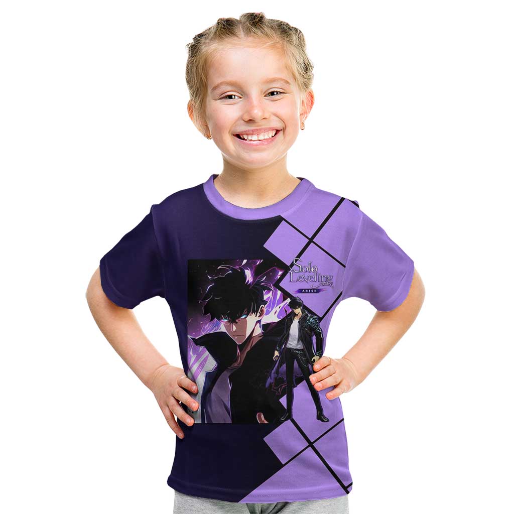 Sung Jinwoo Solo Leveling Kid T Shirt with Shadow Monarch Aura and Dark Battle Pose Design - The Mazicc