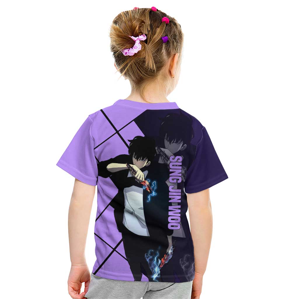 Sung Jinwoo Solo Leveling Kid T Shirt with Shadow Monarch Aura and Dark Battle Pose Design - The Mazicc