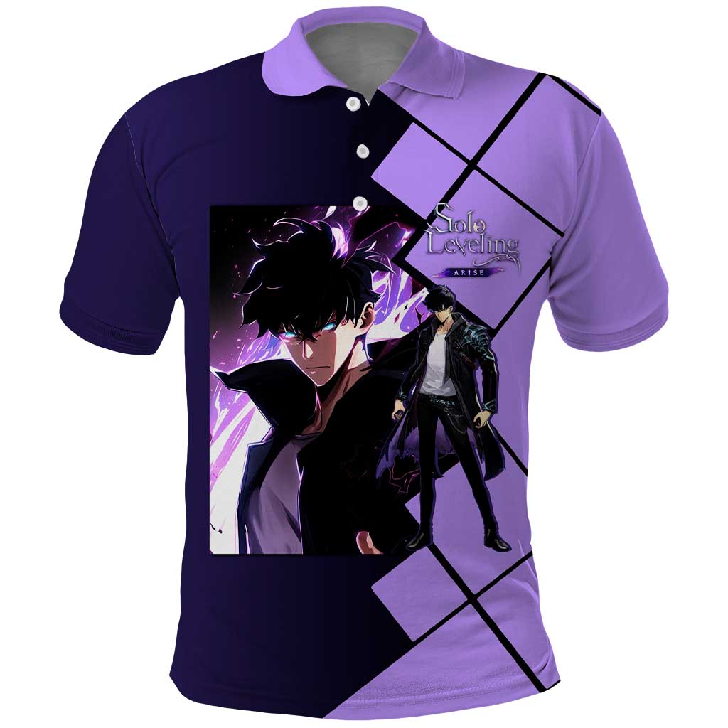 Sung Jinwoo Solo Leveling Polo Shirt with Shadow Monarch Aura and Dark Battle Pose Design - The Mazicc