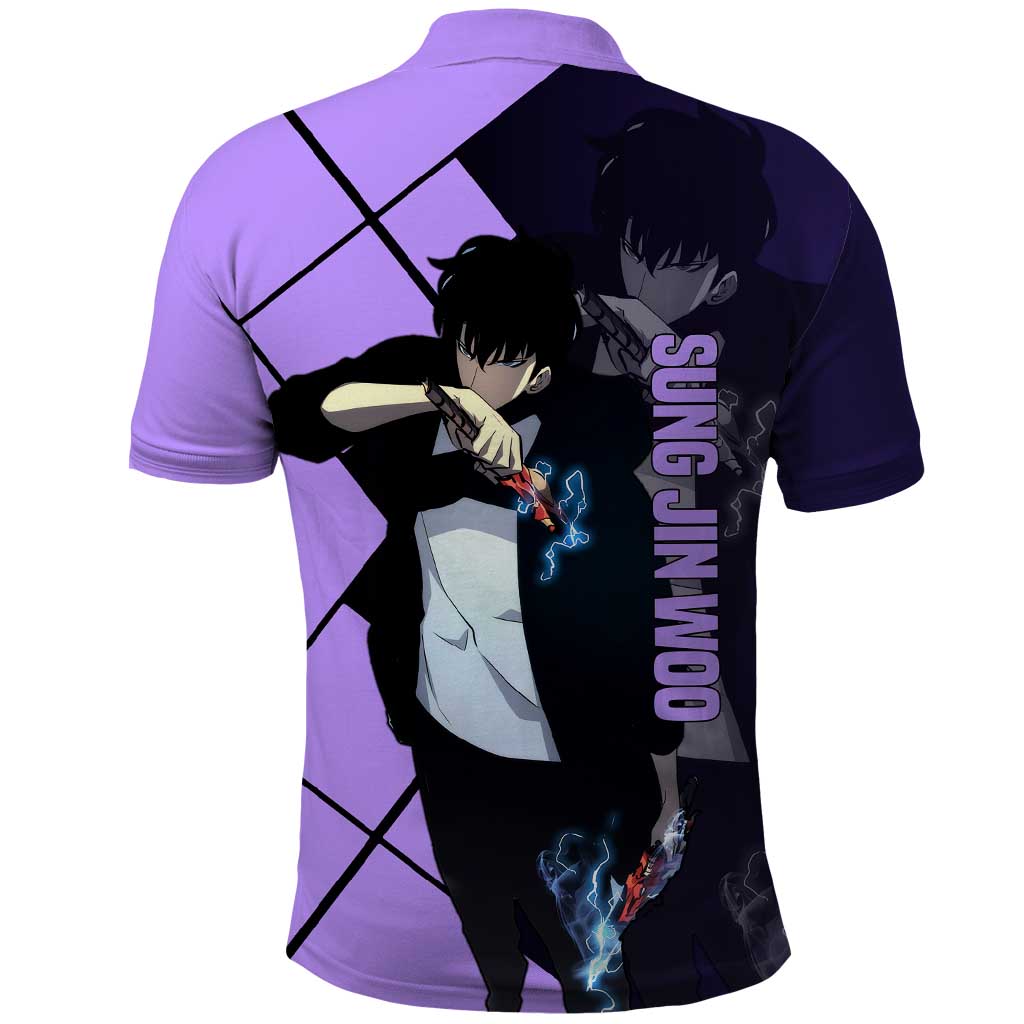 Sung Jinwoo Solo Leveling Polo Shirt with Shadow Monarch Aura and Dark Battle Pose Design - The Mazicc